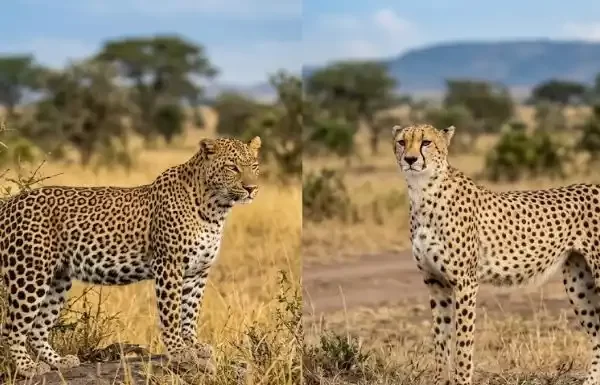 Leopard vs Cheetah: Know the Difference A side-by-side comparison photograph: on the left, a robust leopard stands among thorny scrub, displaying complex rosette markings; on the right, a sleek, slender cheetah stands in open grassland, showing simple black spots and distinct facial tear streaks.